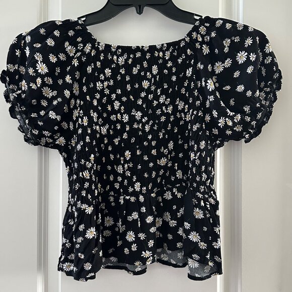 Lottie Moss Black Daisy Print Smocked Puff Sleeve Top M - Picture 2 of 7